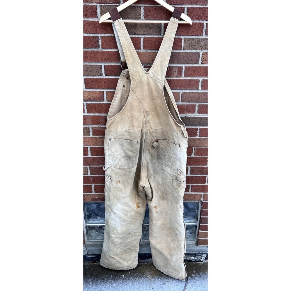 Vintage Carhartt Bib Overalls Quilted Lined Distressed Workwear Size 36x30 Brown - Picture 2 of 15